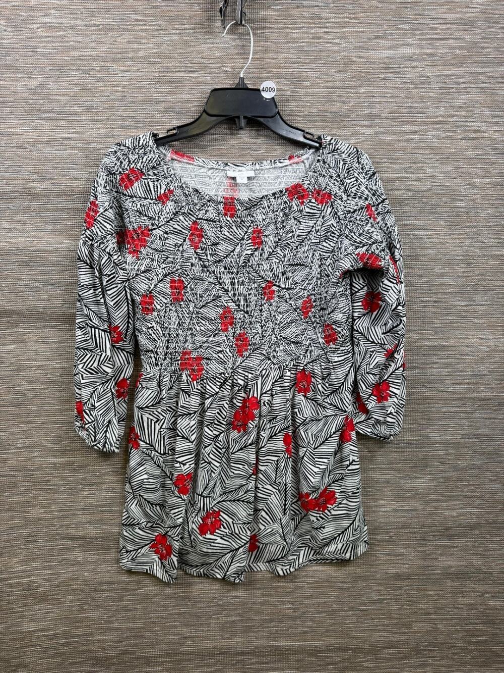 J Jill Smocked Tunic Top 3/4 Sleeve Boho Floral Print On/Off Shoulder Womens M